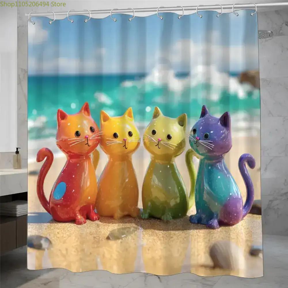 Home Bathroom Decor Ideas - Cortina de Chuveiro Colorida com Gatos