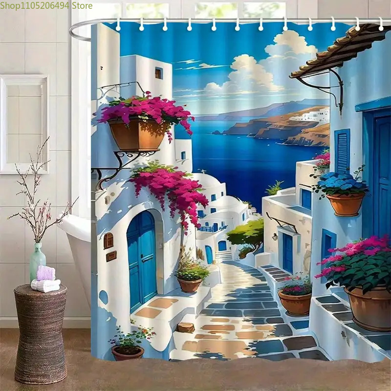 Home Bathroom Decor Ideas - Cortina de Chuveiro da Ilha Grega