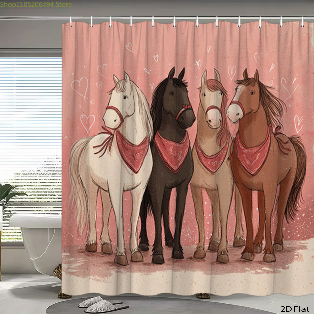 Home Bathroom Decor Ideas - Cortina de chuveiro com cavalos fofos,